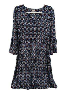 Chicos Black Blue Pink Zig Zag Dress Size M 1 Split Bell Sleeve Knee Length